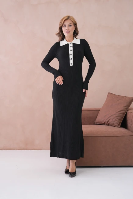 Kadın Polo Yaka Düğme Detay Kaşkorse Uzun Triko Elbise