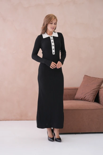 Kadın Polo Yaka Düğme Detay Kaşkorse Uzun Triko Elbise