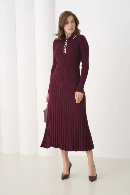 Kadın Polo Yaka Düğme Detay Kaşkorse Uzun Triko Elbise