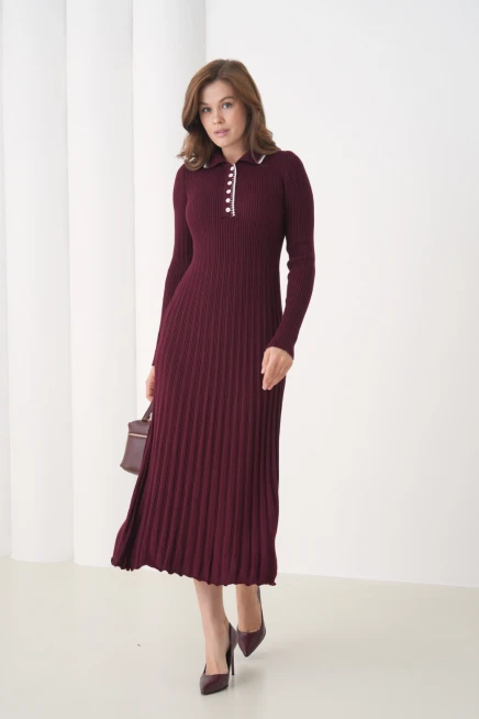 Kadın Polo Yaka Düğme Detay Kaşkorse Uzun Triko Elbise