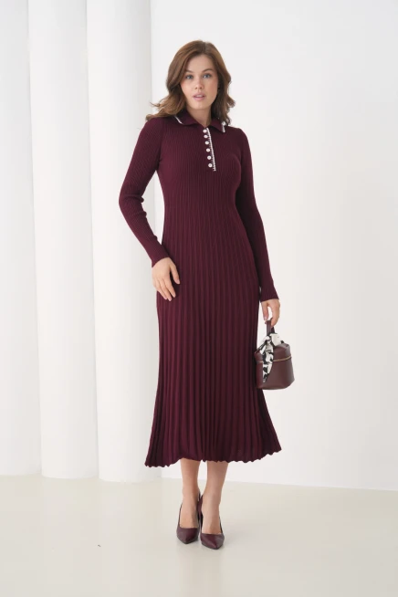 Kadın Polo Yaka Düğme Detay Kaşkorse Uzun Triko Elbise