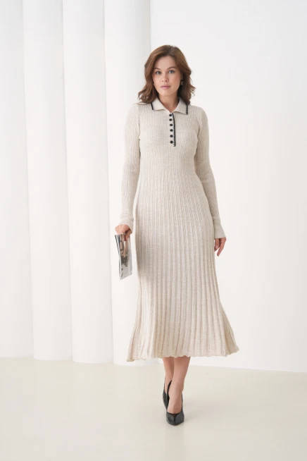 Kadın Polo Yaka Düğme Detay Kaşkorse Uzun Triko Elbise