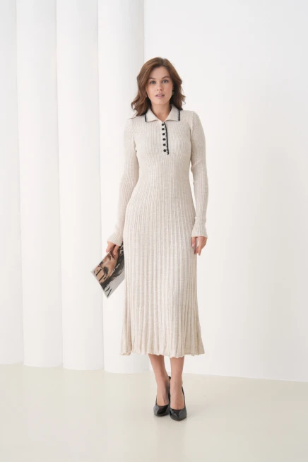 Kadın Polo Yaka Düğme Detay Kaşkorse Uzun Triko Elbise