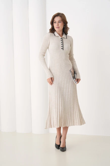 Kadın Polo Yaka Düğme Detay Kaşkorse Uzun Triko Elbise