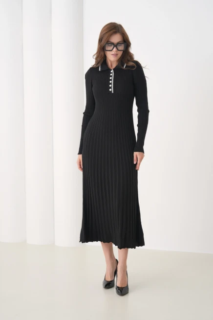 Kadın Polo Yaka Düğme Detay Kaşkorse Uzun Triko Elbise