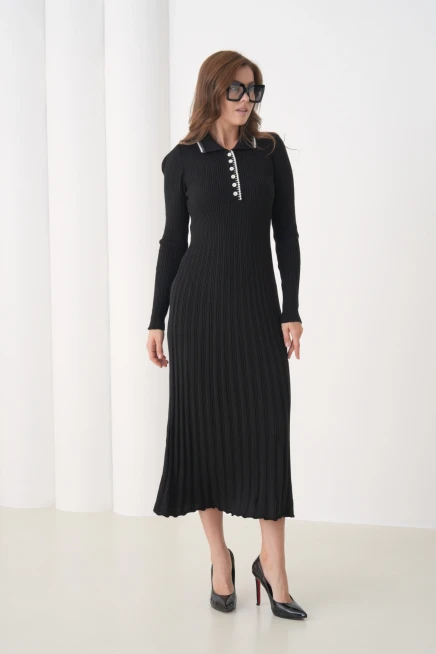 Kadın Polo Yaka Düğme Detay Kaşkorse Uzun Triko Elbise