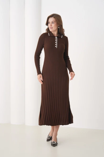 Kadın Polo Yaka Düğme Detay Kaşkorse Uzun Triko Elbise