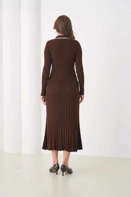 Kadın Polo Yaka Düğme Detay Kaşkorse Uzun Triko Elbise