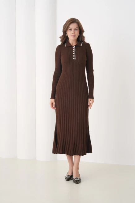 Kadın Polo Yaka Düğme Detay Kaşkorse Uzun Triko Elbise