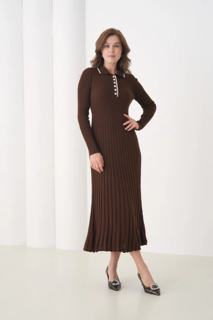 Kadın Polo Yaka Düğme Detay Kaşkorse Uzun Triko Elbise