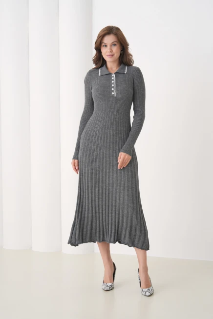 Kadın Polo Yaka Düğme Detay Kaşkorse Uzun Triko Elbise