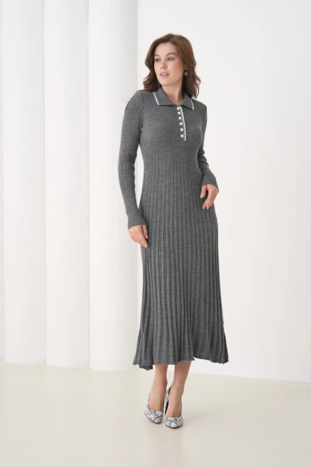 Kadın Polo Yaka Düğme Detay Kaşkorse Uzun Triko Elbise