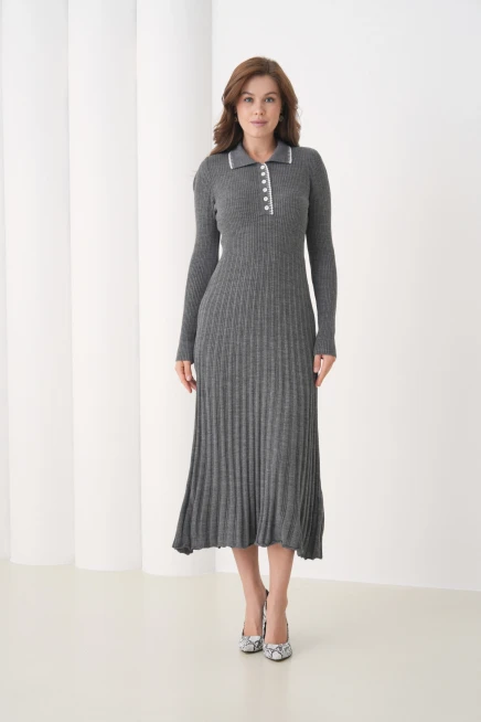 Kadın Polo Yaka Düğme Detay Kaşkorse Uzun Triko Elbise