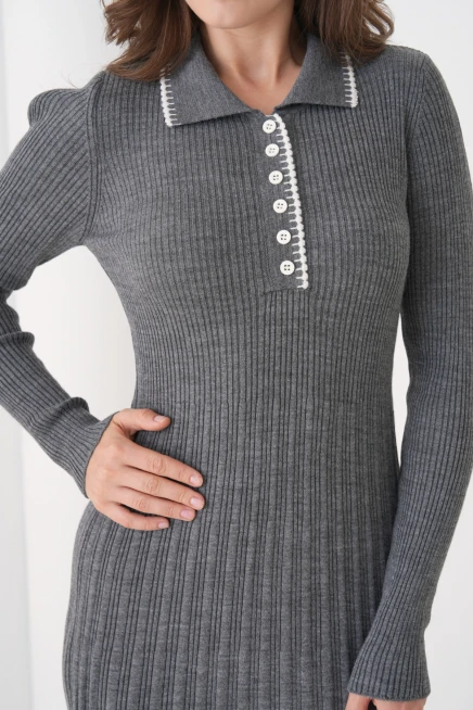 Kadın Polo Yaka Düğme Detay Kaşkorse Uzun Triko Elbise