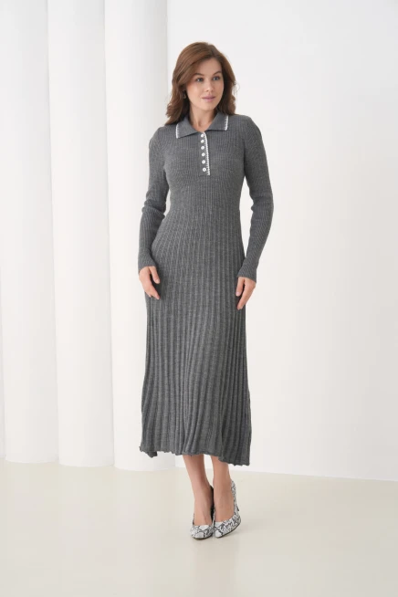 Kadın Polo Yaka Düğme Detay Kaşkorse Uzun Triko Elbise