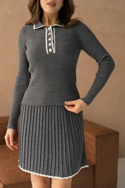 Kadın Polo Yaka Düğme Detay Kazak Etekli İkili Triko Takım