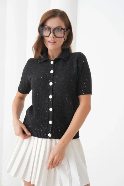 Kadın Polo Yaka Düğme Detay Kısa Kol Simli Triko Hırka