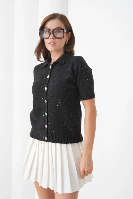 Kadın Polo Yaka Düğme Detay Kısa Kol Simli Triko Hırka