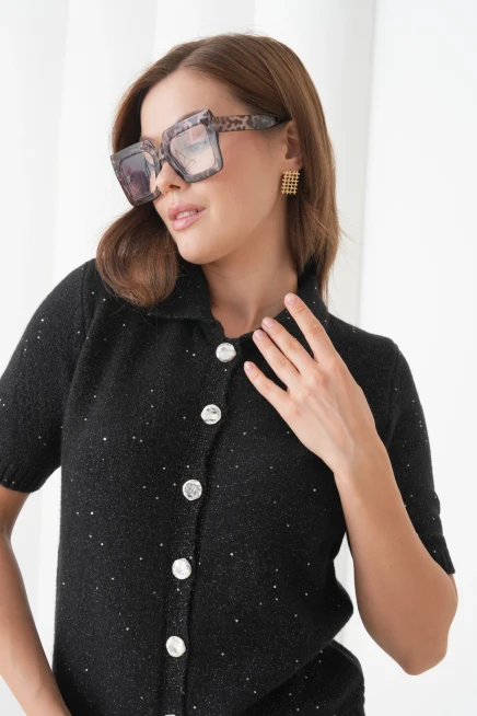 Kadın Polo Yaka Düğme Detay Kısa Kol Simli Triko Hırka