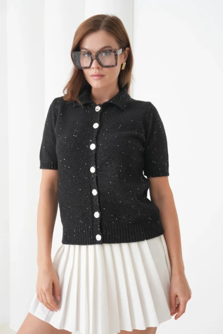 Kadın Polo Yaka Düğme Detay Kısa Kol Simli Triko Hırka