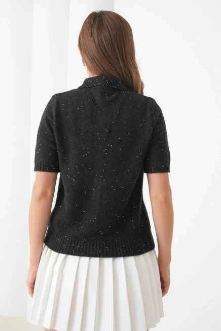 Kadın Polo Yaka Düğme Detay Kısa Kol Simli Triko Hırka