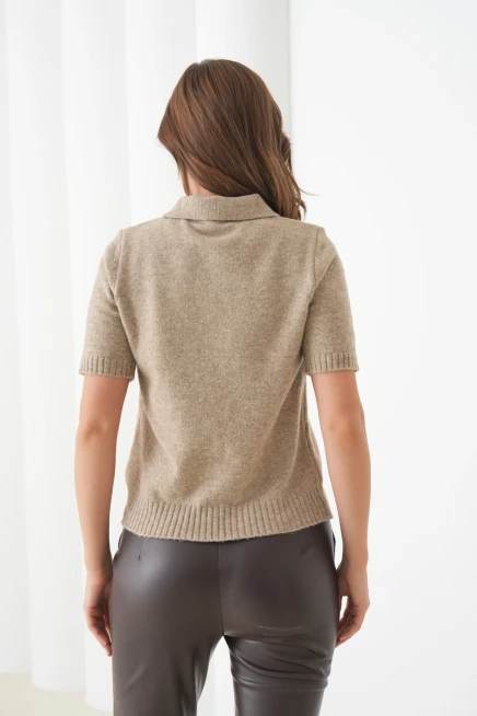 Kadın Polo Yaka Düğme Detay Kısa Kol Simli Triko Hırka