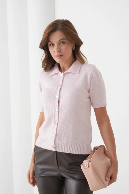 Kadın Polo Yaka Düğme Detay Kısa Kol Simli Triko Hırka