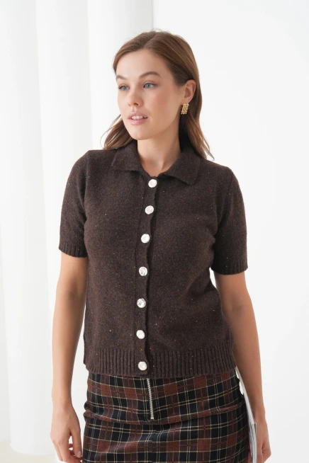 Kadın Polo Yaka Düğme Detay Kısa Kol Simli Triko Hırka