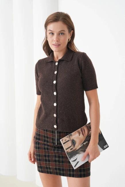 Kadın Polo Yaka Düğme Detay Kısa Kol Simli Triko Hırka