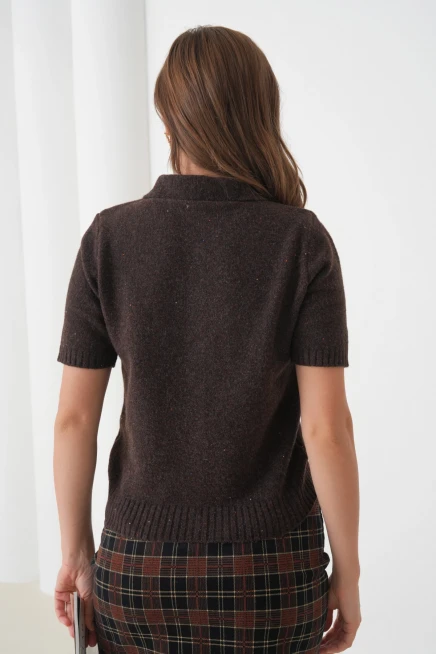 Kadın Polo Yaka Düğme Detay Kısa Kol Simli Triko Hırka