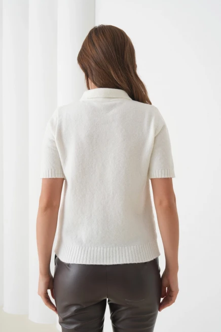 Kadın Polo Yaka Düğme Detay Kısa Kol Simli Triko Hırka