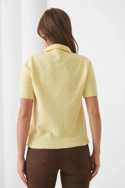 Kadın Polo Yaka Düğme Detay Kısa Kol Simli Triko Hırka