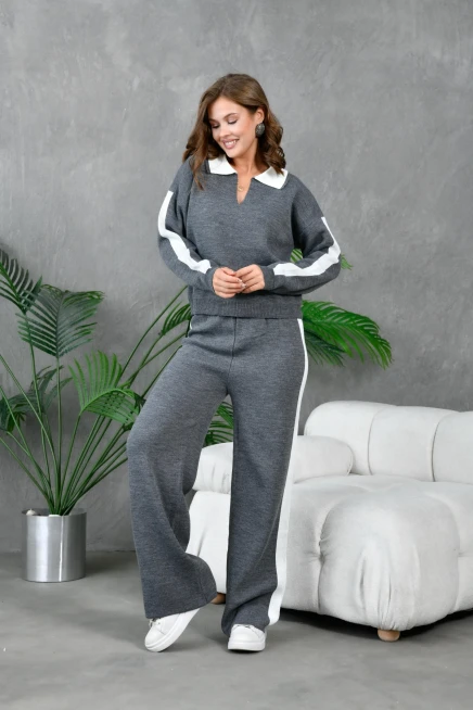 Kadın Polo Yaka Garnili Oversize Kazak Pantolon Alt-Üst Triko Takım