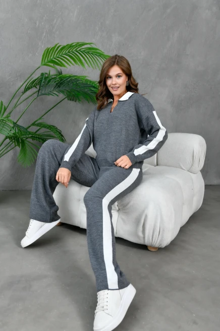 Kadın Polo Yaka Garnili Oversize Kazak Pantolon Alt-Üst Triko Takım