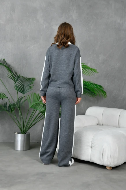 Kadın Polo Yaka Garnili Oversize Kazak Pantolon Alt-Üst Triko Takım