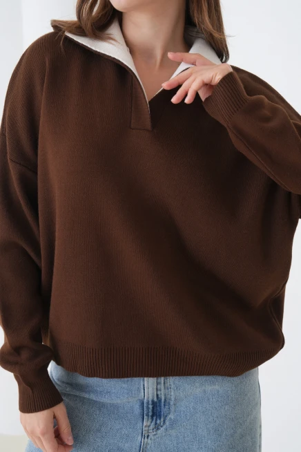 Kadın Polo Yaka Garnili Yumuşak Dokulu Triko Kazak