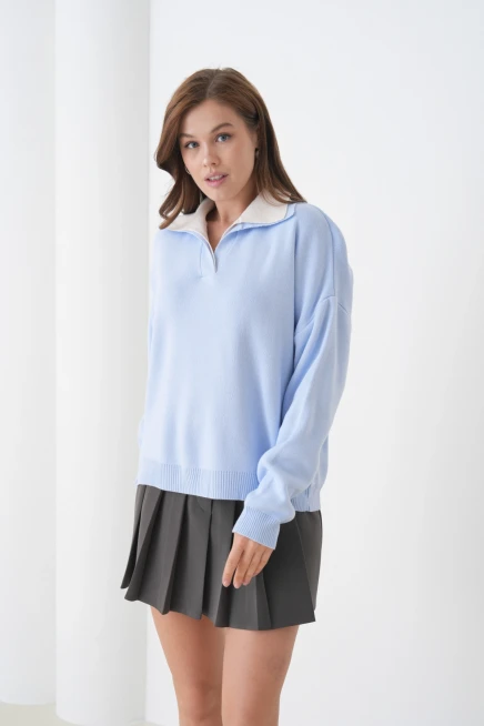 Kadın Polo Yaka Garnili Yumuşak Dokulu Triko Kazak