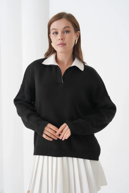 Kadın Polo Yaka Garnili Yumuşak Dokulu Triko Kazak