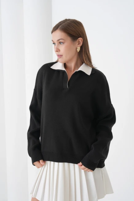 Kadın Polo Yaka Garnili Yumuşak Dokulu Triko Kazak