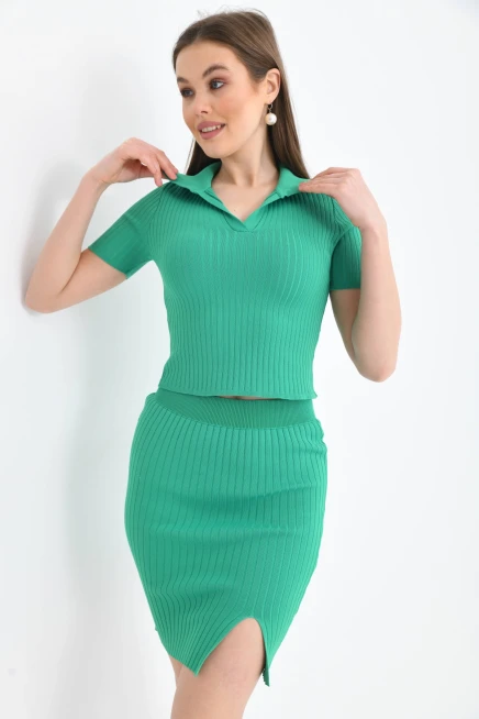 Kadın Polo Yaka Kaşkorse T-Shirt Etek İkil Triko Takım