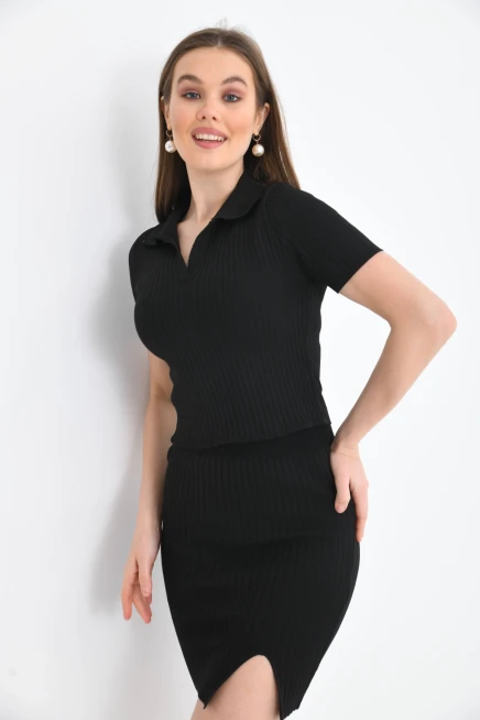 Kadın Polo Yaka Kaşkorse T-Shirt Etek İkil Triko Takım