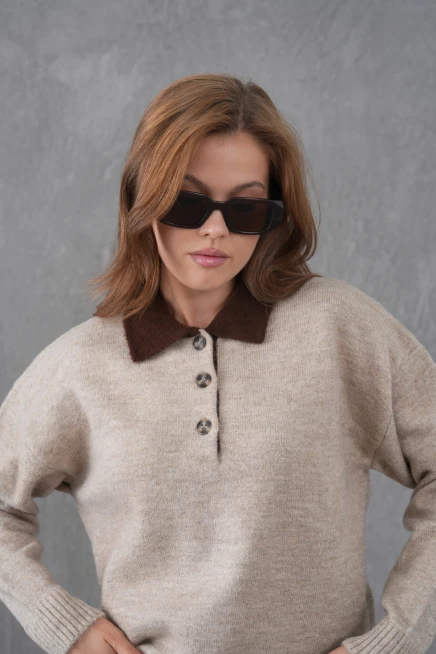 Kadın Polo Yaka Yarım Pat Düğmeli Triko Kazak