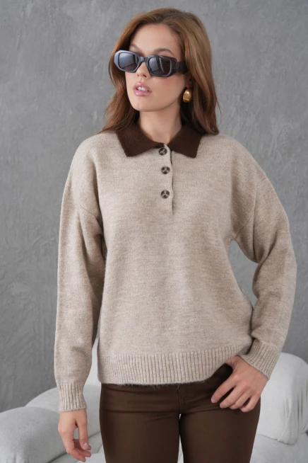 Kadın Polo Yaka Yarım Pat Düğmeli Triko Kazak