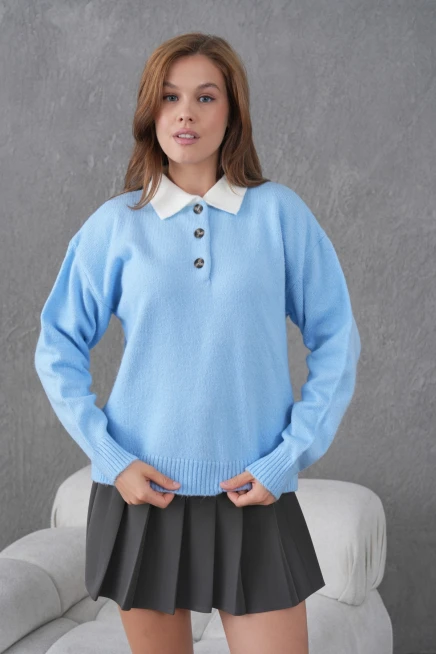 Kadın Polo Yaka Yarım Pat Düğmeli Triko Kazak