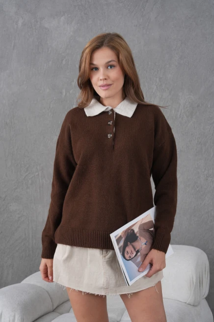 Kadın Polo Yaka Yarım Pat Düğmeli Triko Kazak