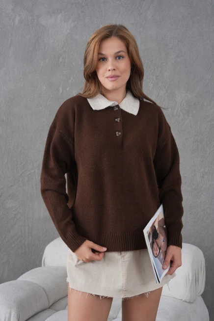 Kadın Polo Yaka Yarım Pat Düğmeli Triko Kazak