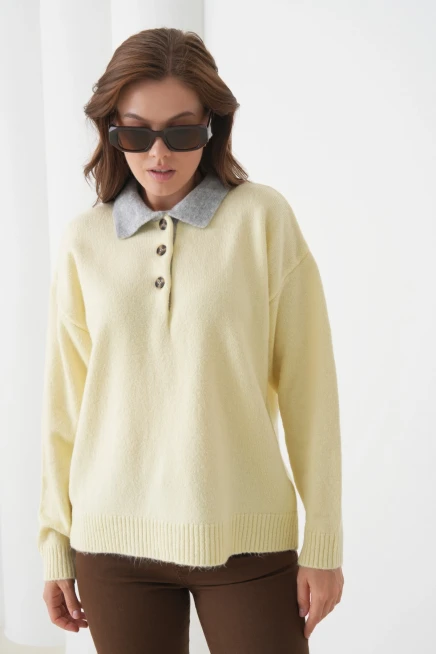 Kadın Polo Yaka Yarım Pat Düğmeli Triko Kazak