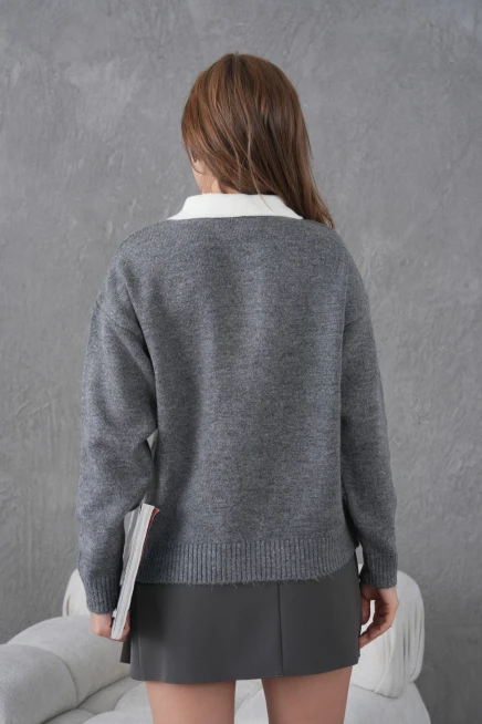 Kadın Polo Yaka Yarım Pat Düğmeli Triko Kazak