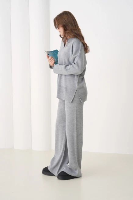 Kadın Polo Yaka Yırtmaçlı Oversize Kazak Palazzo Pantolon Triko Alt-Üst Takım