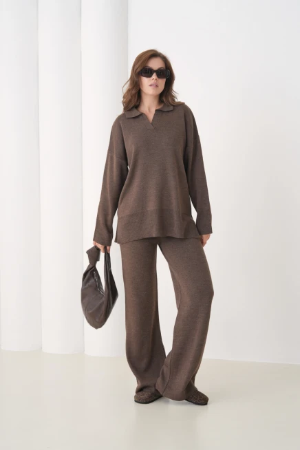 Kadın Polo Yaka Yırtmaçlı Oversize Kazak Palazzo Pantolon Triko Alt-Üst Takım